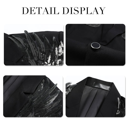 Black # Men's single-breasted wings floral print blazer, notched lapel dress jacket with center vent and button closure, black novelty print sport coat for party, prom, banquet, stage performance and festival events, isolated on white background.