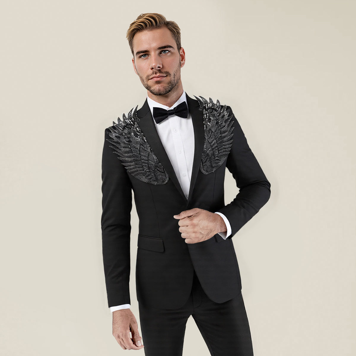 Black # Men's single-breasted wings floral print blazer, notched lapel dress jacket with center vent and button closure, black novelty print sport coat for party, prom, banquet, stage performance and festival events, isolated on white background.