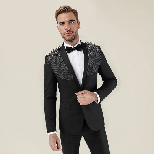 Black # Men's single-breasted wings floral print blazer, notched lapel dress jacket with center vent and button closure, black novelty print sport coat for party, prom, banquet, stage performance and festival events, isolated on white background.