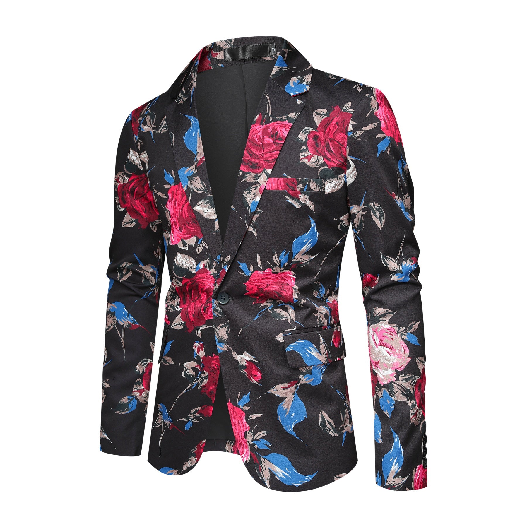 Black # Men's red floral print single-breasted blazer with notch lapel, black sport coat jacket with vibrant flower pattern, soft and breathable polyester spandex fabric for party, prom, banquet, performance and daily wear, isolated on white background.
