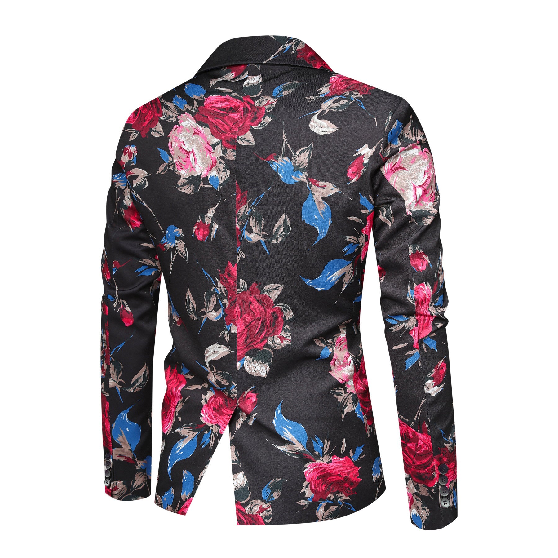 Black # Men's red floral print single-breasted blazer with notch lapel, black sport coat jacket with vibrant flower pattern, soft and breathable polyester spandex fabric for party, prom, banquet, performance and daily wear, isolated on white background.