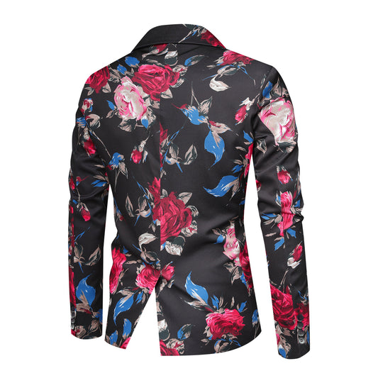 Black # Men's red floral print single-breasted blazer with notch lapel, black sport coat jacket with vibrant flower pattern, soft and breathable polyester spandex fabric for party, prom, banquet, performance and daily wear, isolated on white background.
