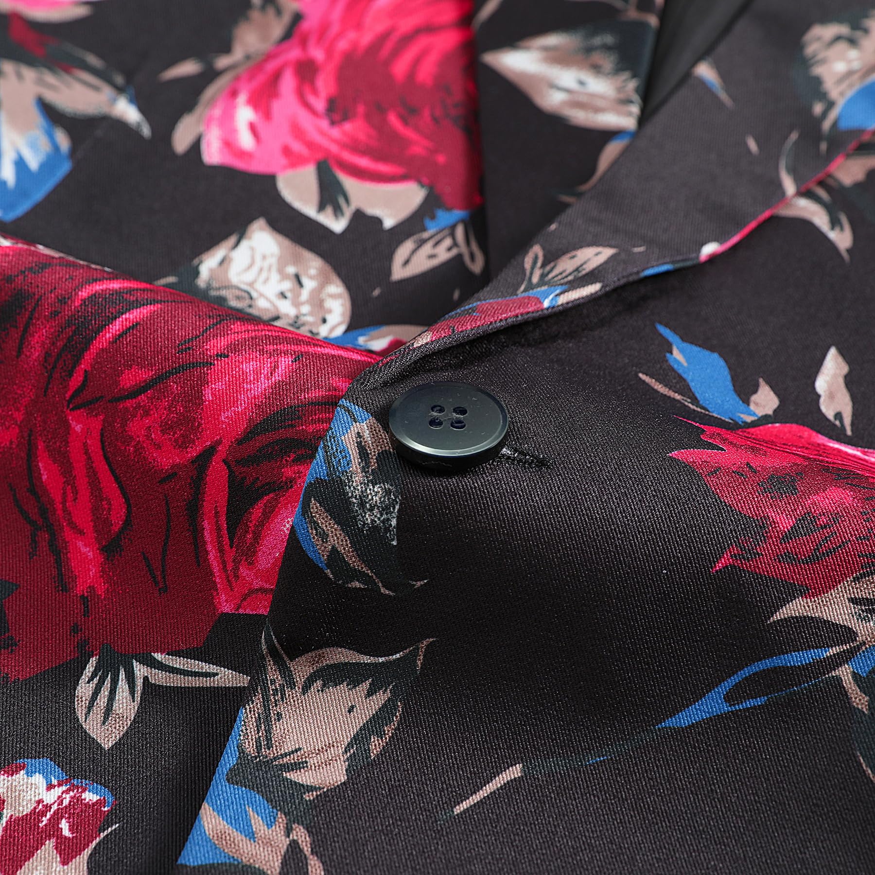 Black # Men's red floral print single-breasted blazer with notch lapel, black sport coat jacket with vibrant flower pattern, soft and breathable polyester spandex fabric for party, prom, banquet, performance and daily wear, isolated on white background.