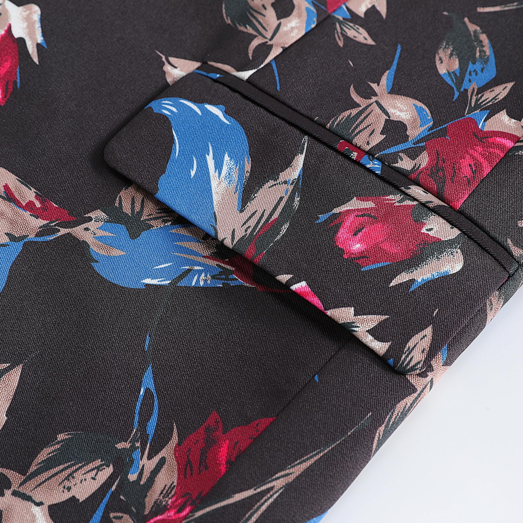 Black # Men's red floral print single-breasted blazer with notch lapel, black sport coat jacket with vibrant flower pattern, soft and breathable polyester spandex fabric for party, prom, banquet, performance and daily wear, isolated on white background.