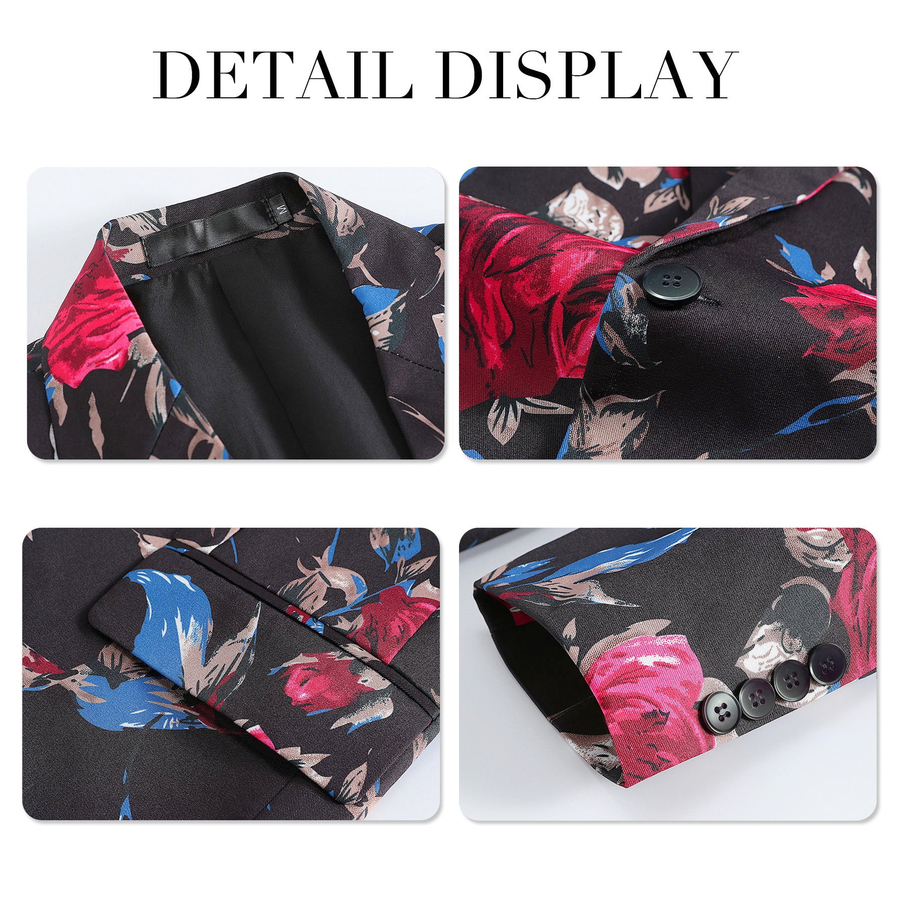 Black # Men's red floral print single-breasted blazer with notch lapel, black sport coat jacket with vibrant flower pattern, soft and breathable polyester spandex fabric for party, prom, banquet, performance and daily wear, isolated on white background.