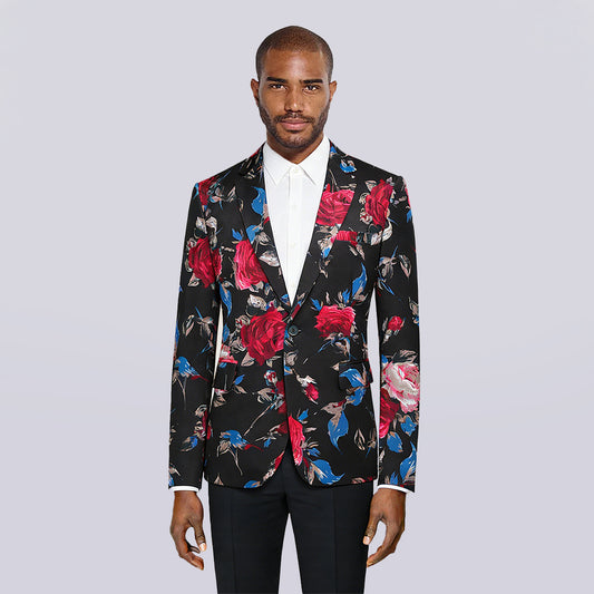 Black # Men's red floral print single-breasted blazer with notch lapel, black sport coat jacket with vibrant flower pattern, soft and breathable polyester spandex fabric for party, prom, banquet, performance and daily wear, isolated on white background.