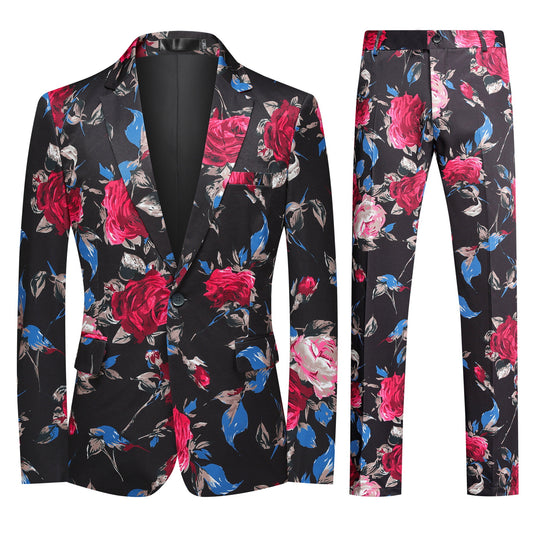 Black with Red Flowers # Men's slim fit floral print suit set, 2-piece black blazer with red flower pattern, peaked lapel one-button jacket with matching trousers, stylish wedding party prom formal wear, isolated on white background.