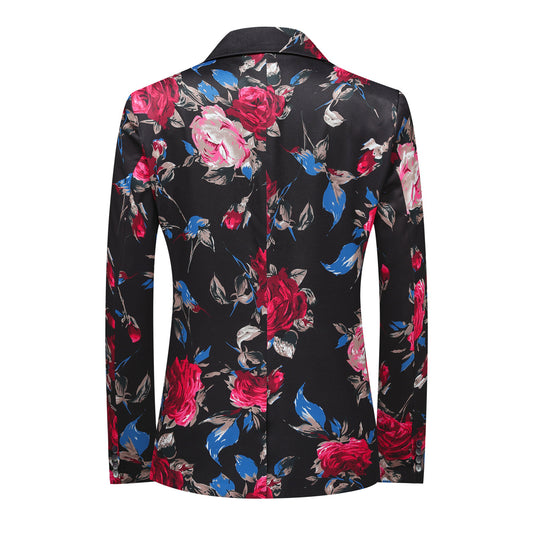 Black with Red Flowers # Men's slim fit floral print suit set, 2-piece black blazer with red flower pattern, peaked lapel one-button jacket with matching trousers, stylish wedding party prom formal wear, isolated on white background.