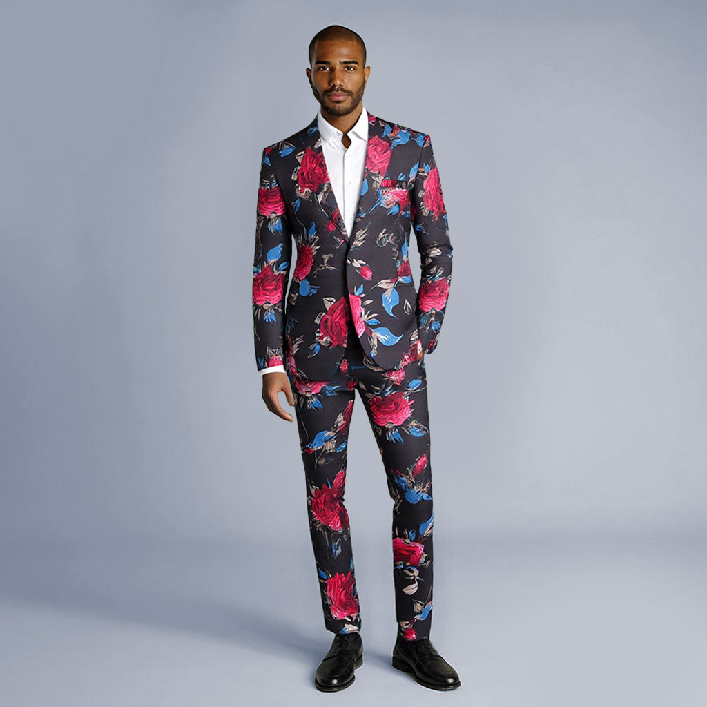 Black with Red Flowers # Men's slim fit floral print suit set, 2-piece black blazer with red flower pattern, peaked lapel one-button jacket with matching trousers, stylish wedding party prom formal wear, isolated on white background.