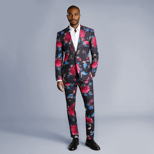 Black with Red Flowers # Men's slim fit floral print suit set, 2-piece black blazer with red flower pattern, peaked lapel one-button jacket with matching trousers, stylish wedding party prom formal wear, isolated on white background.