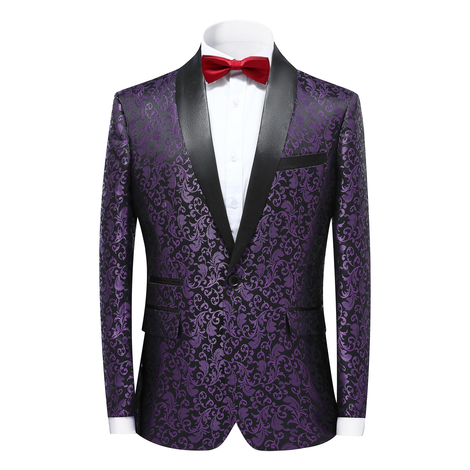 Purple # Men's floral jacquard dress suit blazer with black shawl collar and center vent, 3D tailored fit purple print jacket with premium polyester fabric, elegant formal wear blazer for party, prom, banquet, wedding, homecoming and festival events, isolated on white background.