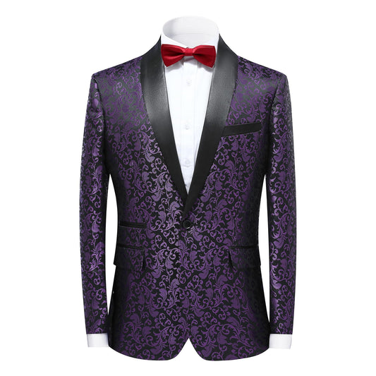 Purple # Men's floral jacquard dress suit blazer with black shawl collar and center vent, 3D tailored fit purple print jacket with premium polyester fabric, elegant formal wear blazer for party, prom, banquet, wedding, homecoming and festival events, isolated on white background.