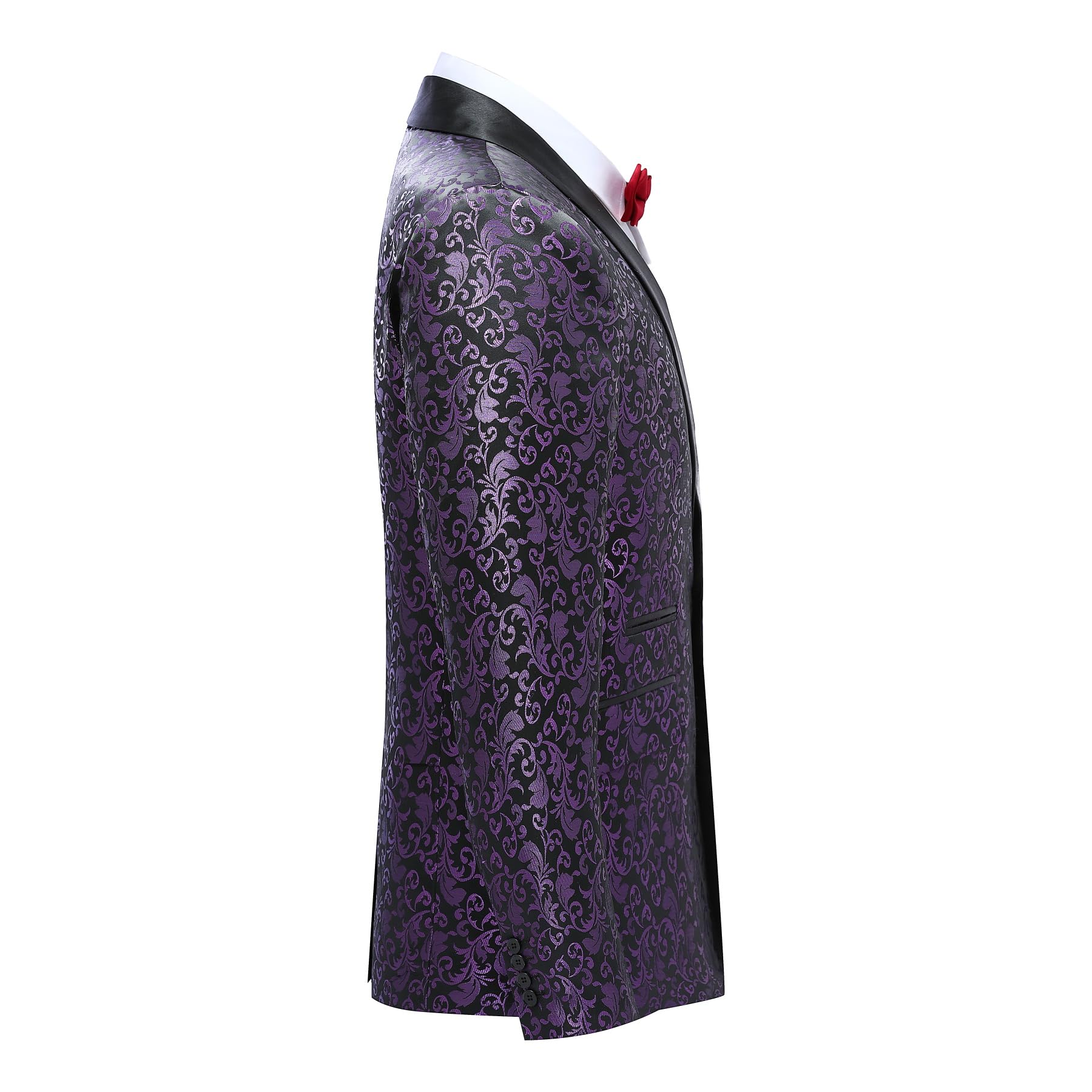 Purple # Men's floral jacquard dress suit blazer with black shawl collar and center vent, 3D tailored fit purple print jacket with premium polyester fabric, elegant formal wear blazer for party, prom, banquet, wedding, homecoming and festival events, isolated on white background.