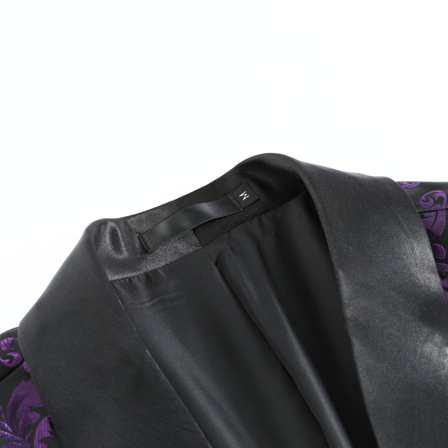Purple # Men's floral jacquard dress suit blazer with black shawl collar and center vent, 3D tailored fit purple print jacket with premium polyester fabric, elegant formal wear blazer for party, prom, banquet, wedding, homecoming and festival events, isolated on white background.