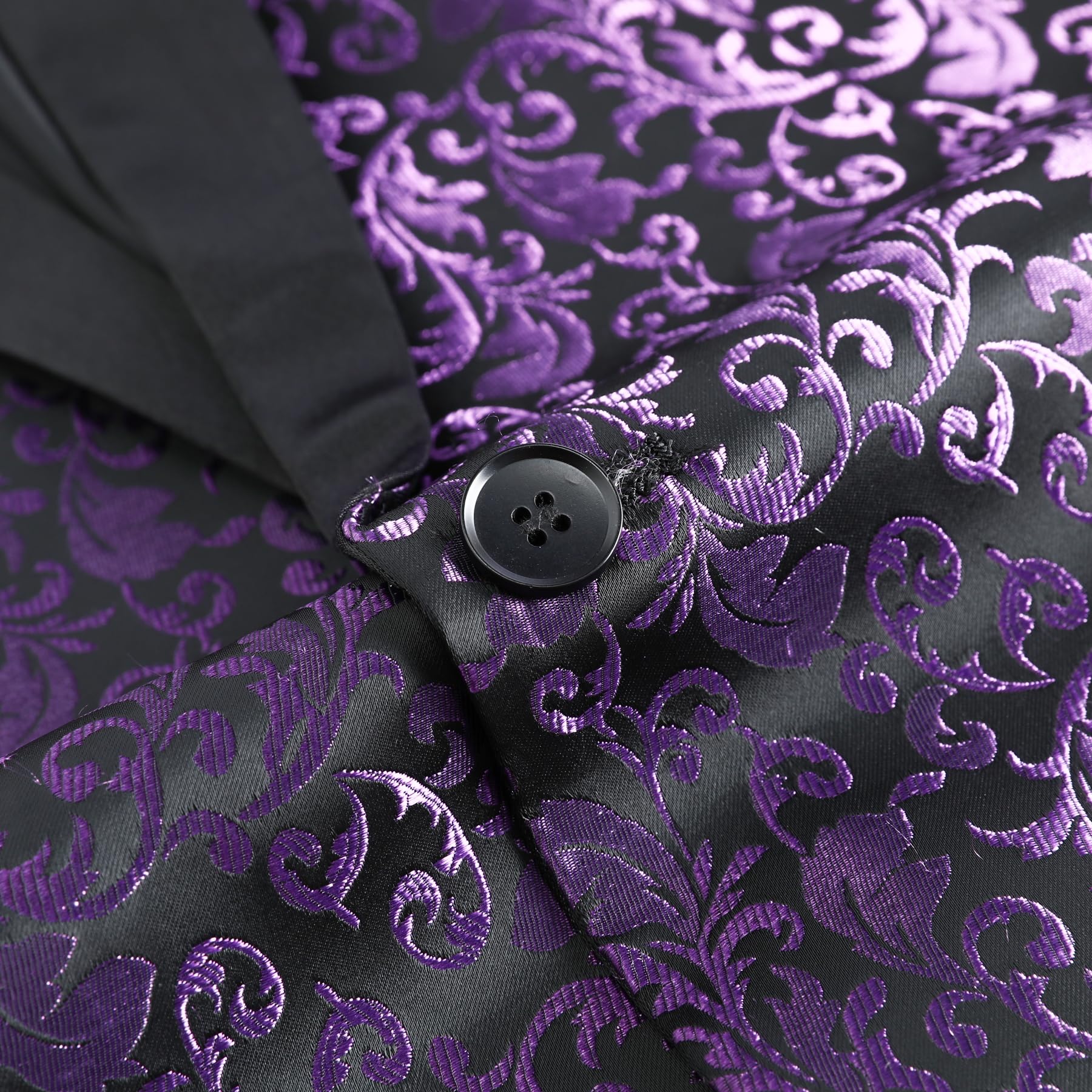 Purple # Men's floral jacquard dress suit blazer with black shawl collar and center vent, 3D tailored fit purple print jacket with premium polyester fabric, elegant formal wear blazer for party, prom, banquet, wedding, homecoming and festival events, isolated on white background.