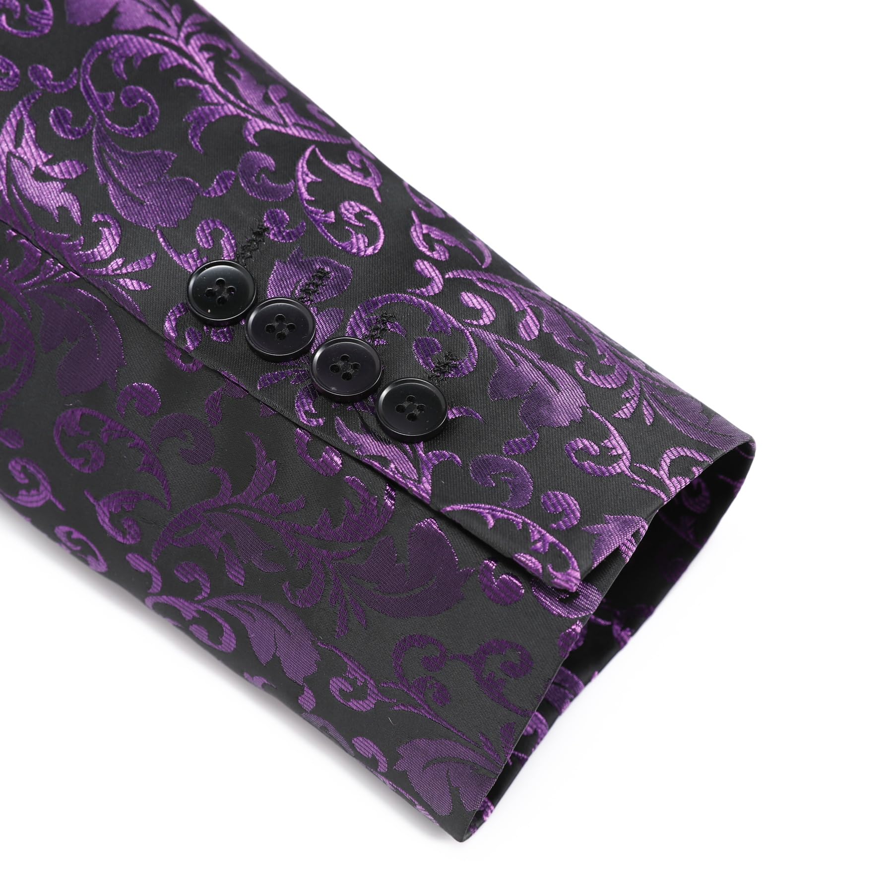 Purple # Men's floral jacquard dress suit blazer with black shawl collar and center vent, 3D tailored fit purple print jacket with premium polyester fabric, elegant formal wear blazer for party, prom, banquet, wedding, homecoming and festival events, isolated on white background.