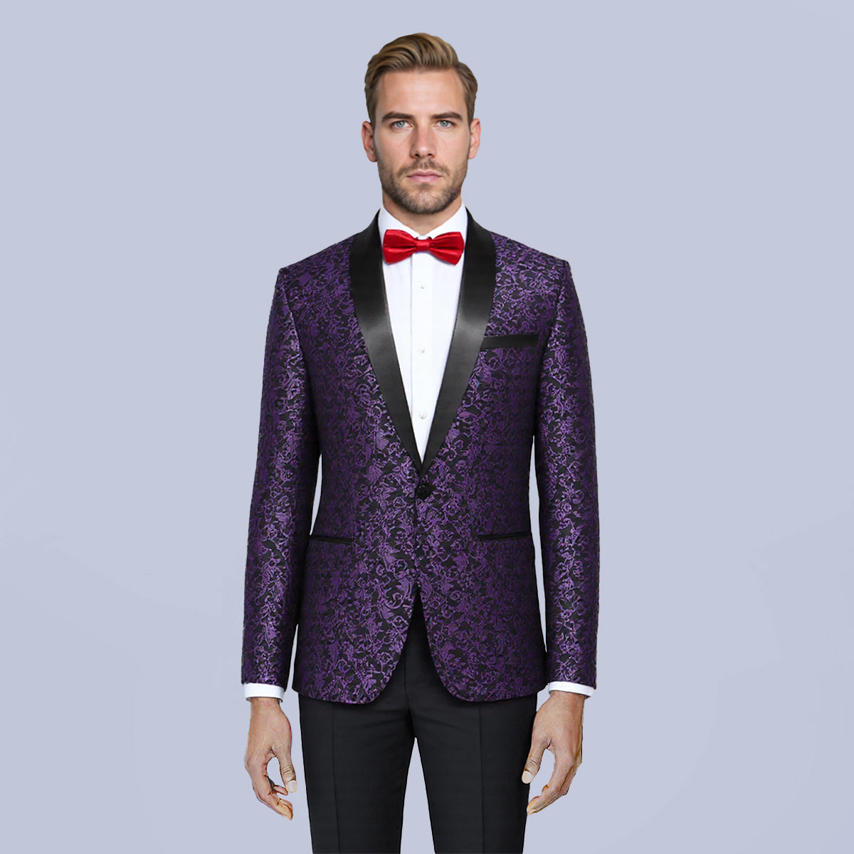 Purple # Men's floral jacquard dress suit blazer with black shawl collar and center vent, 3D tailored fit purple print jacket with premium polyester fabric, elegant formal wear blazer for party, prom, banquet, wedding, homecoming and festival events, isolated on white background.