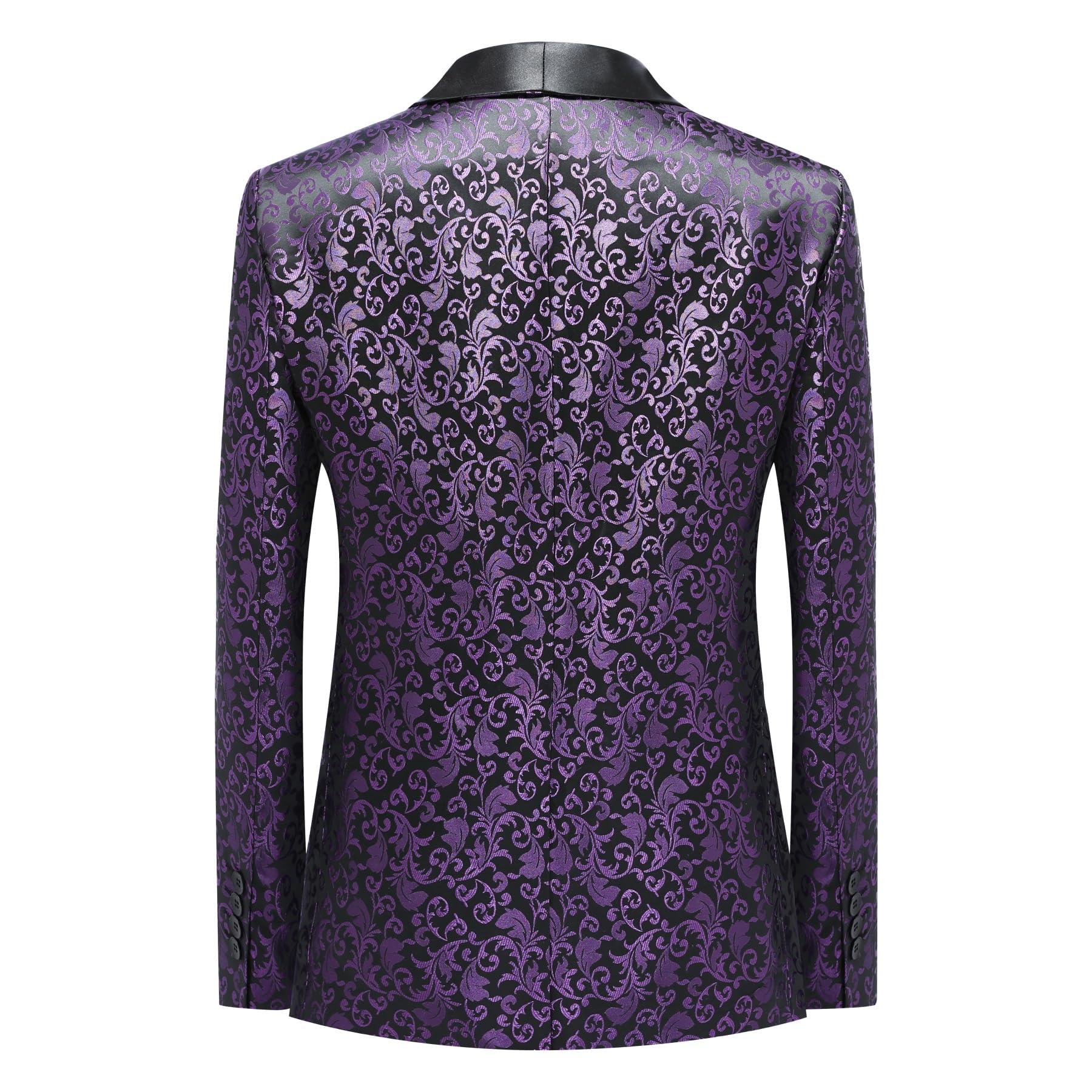 Purple # Men's floral jacquard dress suit blazer with black shawl collar and center vent, 3D tailored fit purple print jacket with premium polyester fabric, elegant formal wear blazer for party, prom, banquet, wedding, homecoming and festival events, isolated on white background.