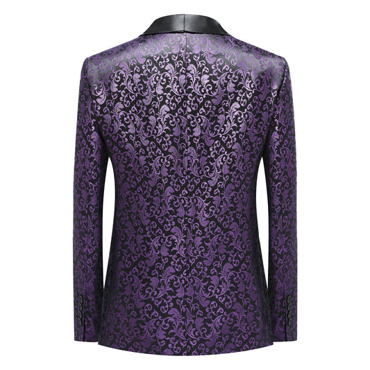 Purple # Men's floral jacquard dress suit blazer with black shawl collar and center vent, 3D tailored fit purple print jacket with premium polyester fabric, elegant formal wear blazer for party, prom, banquet, wedding, homecoming and festival events, isolated on white background.