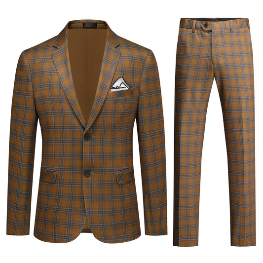Brown # Men's slim fit 2-piece plaid suit with two-button closure, brown checkered formal blazer jacket with matching trousers, classic business casual wear for office, wedding, party and daily events, isolated on white background.