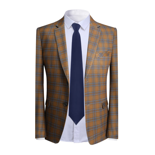 Brown # Men's slim fit 2-piece plaid suit with two-button closure, brown checkered formal blazer jacket with matching trousers, classic business casual wear for office, wedding, party and daily events, isolated on white background.