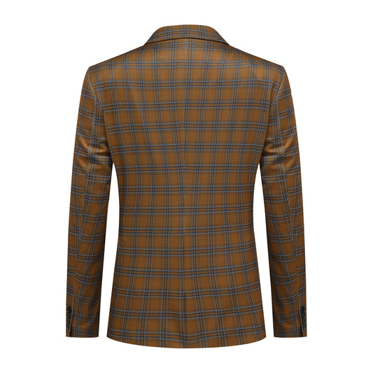Brown # Men's slim fit 2-piece plaid suit with two-button closure, brown checkered formal blazer jacket with matching trousers, classic business casual wear for office, wedding, party and daily events, isolated on white background.