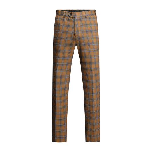 Brown # Men's slim fit 2-piece plaid suit with two-button closure, brown checkered formal blazer jacket with matching trousers, classic business casual wear for office, wedding, party and daily events, isolated on white background.