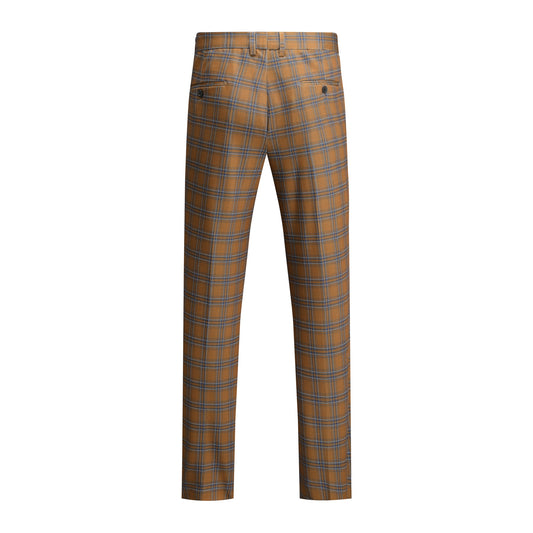 Brown # Men's slim fit 2-piece plaid suit with two-button closure, brown checkered formal blazer jacket with matching trousers, classic business casual wear for office, wedding, party and daily events, isolated on white background.