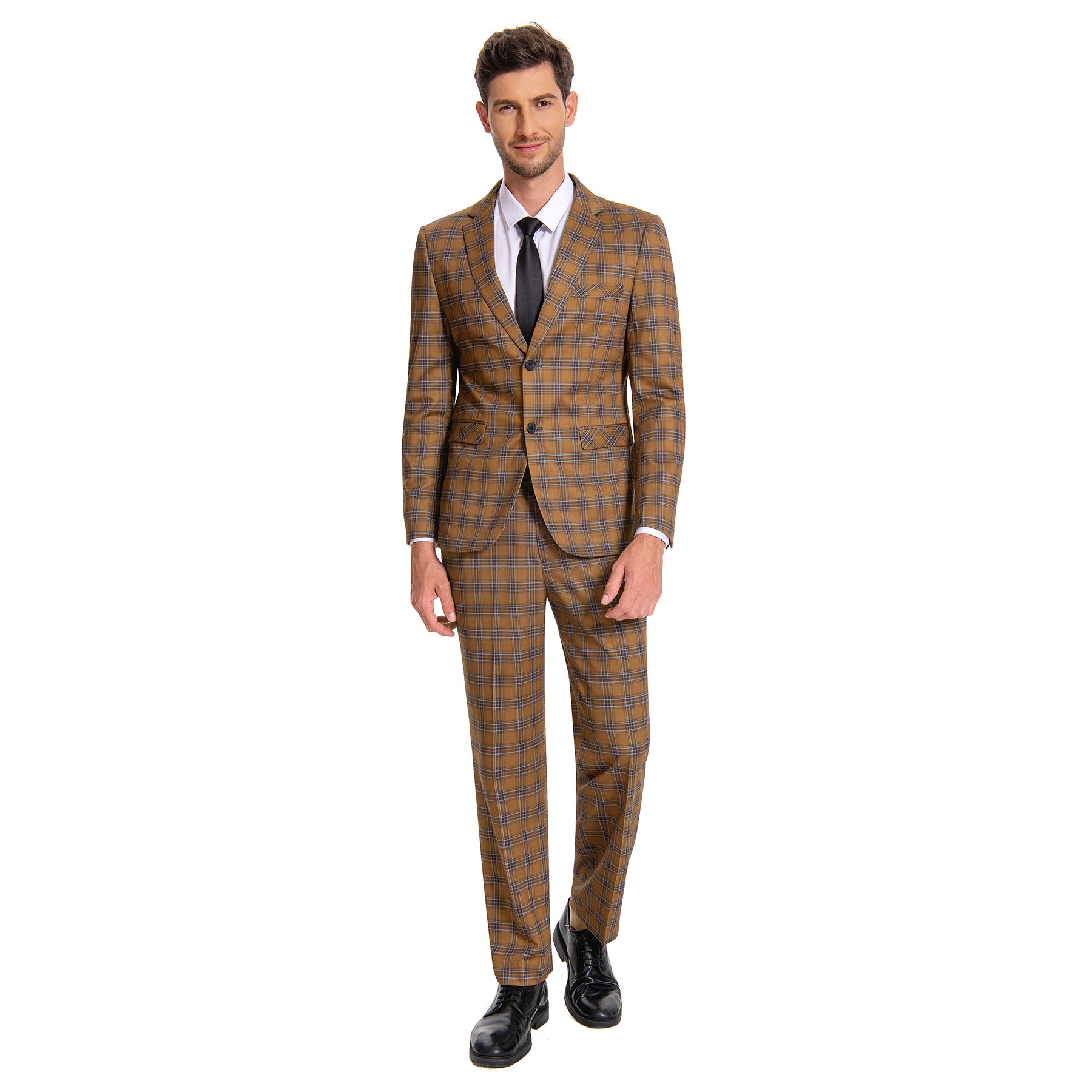 Brown # Men's slim fit 2-piece plaid suit with two-button closure, brown checkered formal blazer jacket with matching trousers, classic business casual wear for office, wedding, party and daily events, isolated on white background.
