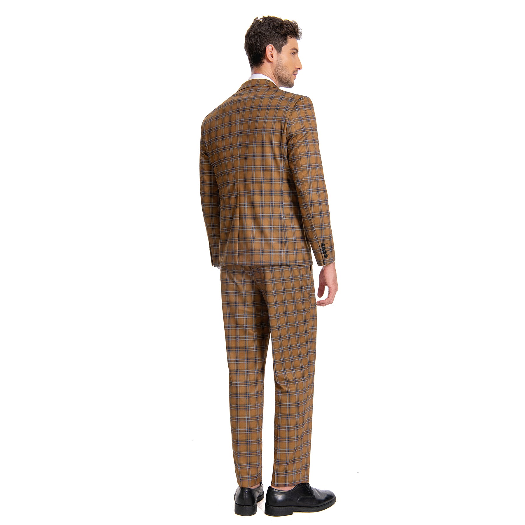 Brown # Men's slim fit 2-piece plaid suit with two-button closure, brown checkered formal blazer jacket with matching trousers, classic business casual wear for office, wedding, party and daily events, isolated on white background.