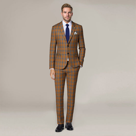 Brown # Men's slim fit 2-piece plaid suit with two-button closure, brown checkered formal blazer jacket with matching trousers, classic business casual wear for office, wedding, party and daily events, isolated on white background.
