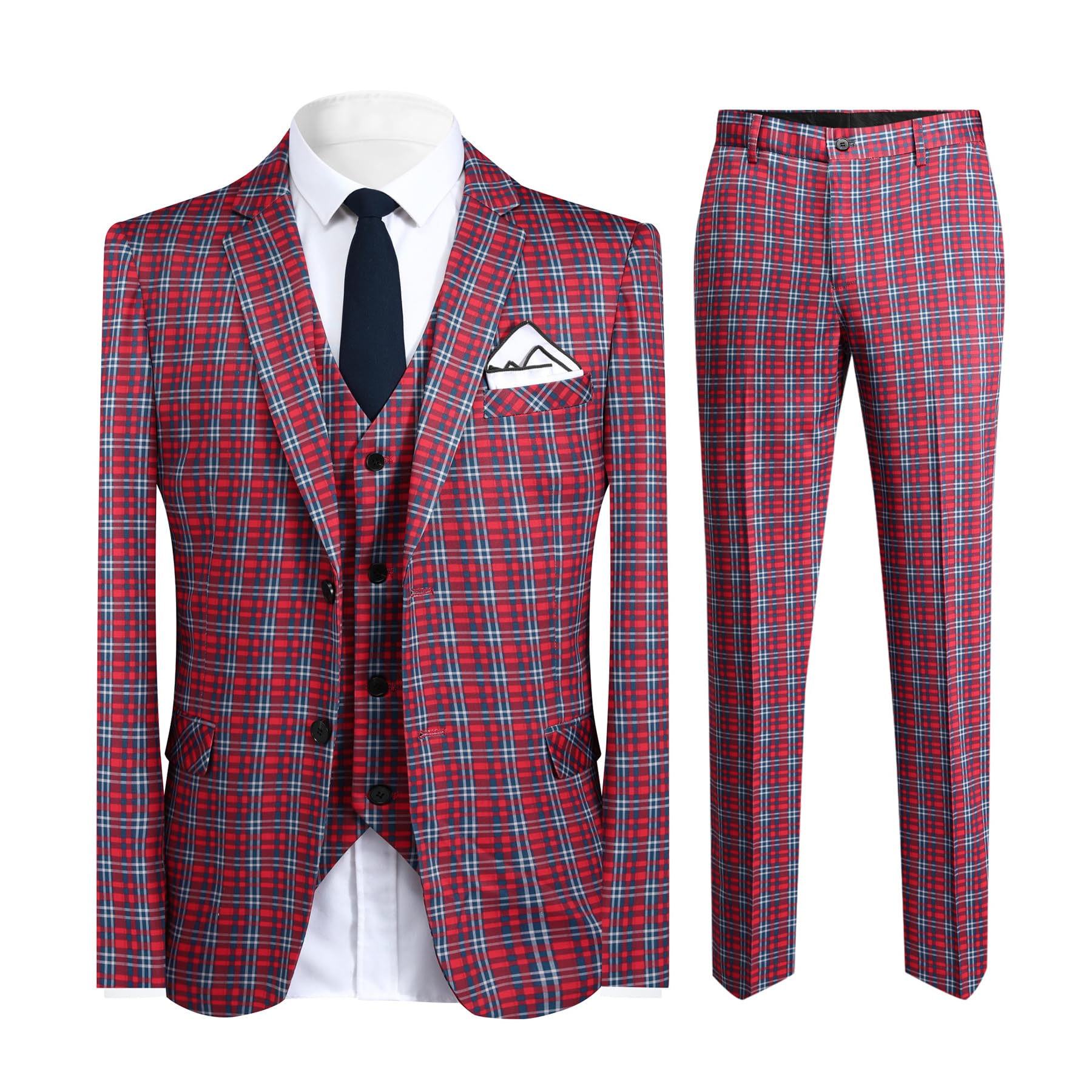 Red Grey # Men's slim fit 3-piece plaid checked suit, single-breasted two-button vintage blazer jacket with matching vest and trousers, red and grey checkered formal wear set for wedding, business, prom, party and daily office wear, isolated on white background.