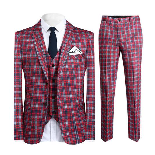 Red Grey # Men's slim fit 3-piece plaid checked suit, single-breasted two-button vintage blazer jacket with matching vest and trousers, red and grey checkered formal wear set for wedding, business, prom, party and daily office wear, isolated on white background.