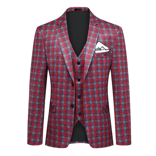 Red Grey # Men's slim fit 3-piece plaid checked suit, single-breasted two-button vintage blazer jacket with matching vest and trousers, red and grey checkered formal wear set for wedding, business, prom, party and daily office wear, isolated on white background.