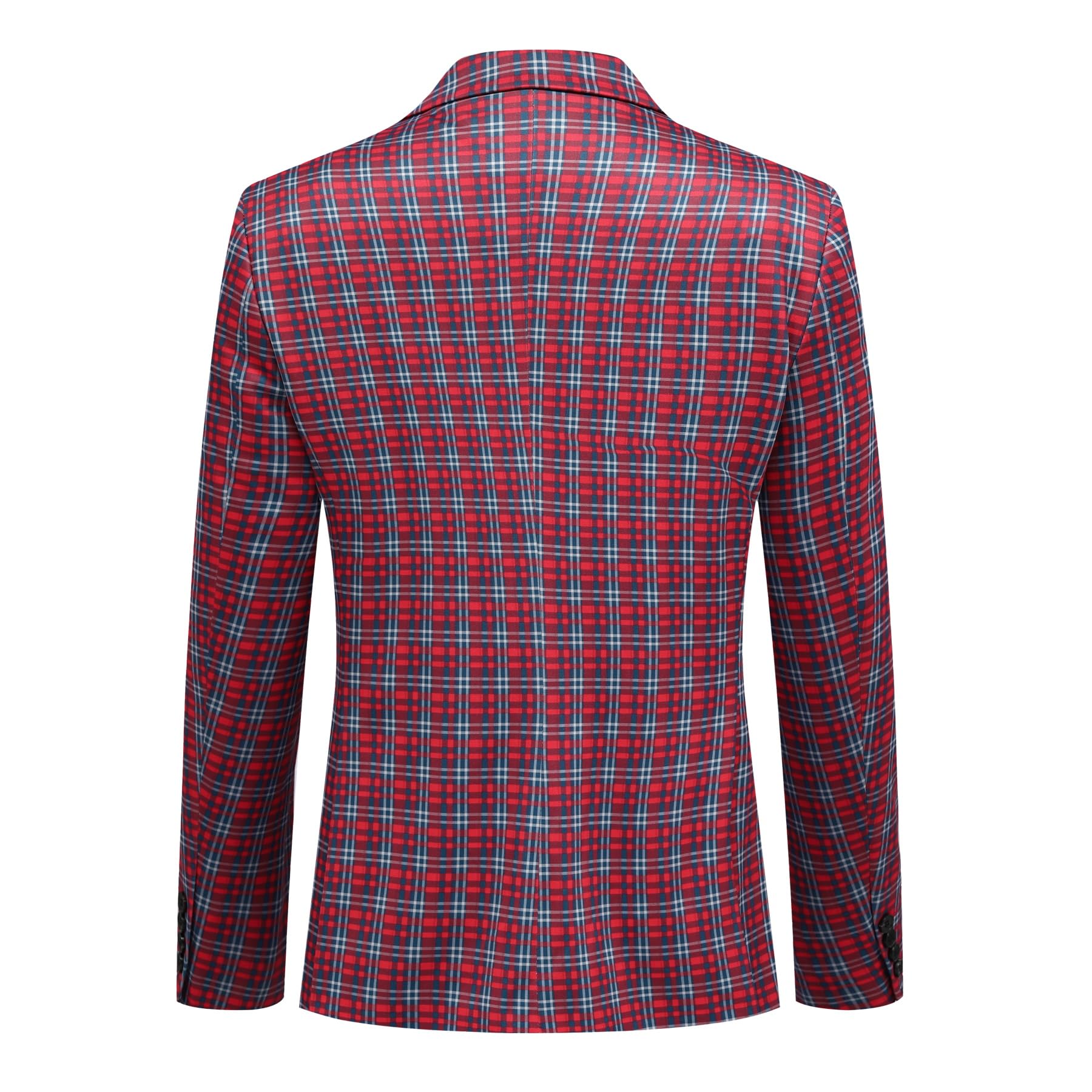 Red Grey # Men's slim fit 3-piece plaid checked suit, single-breasted two-button vintage blazer jacket with matching vest and trousers, red and grey checkered formal wear set for wedding, business, prom, party and daily office wear, isolated on white background.