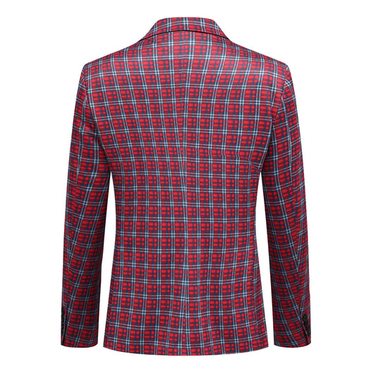 Red Grey # Men's slim fit 3-piece plaid checked suit, single-breasted two-button vintage blazer jacket with matching vest and trousers, red and grey checkered formal wear set for wedding, business, prom, party and daily office wear, isolated on white background.