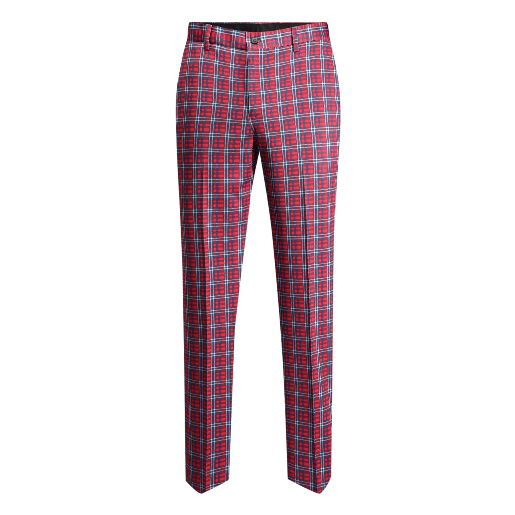 Red Grey # Men's slim fit 3-piece plaid checked suit, single-breasted two-button vintage blazer jacket with matching vest and trousers, red and grey checkered formal wear set for wedding, business, prom, party and daily office wear, isolated on white background.