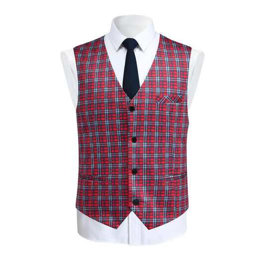 Red Grey # Men's slim fit 3-piece plaid checked suit, single-breasted two-button vintage blazer jacket with matching vest and trousers, red and grey checkered formal wear set for wedding, business, prom, party and daily office wear, isolated on white background.