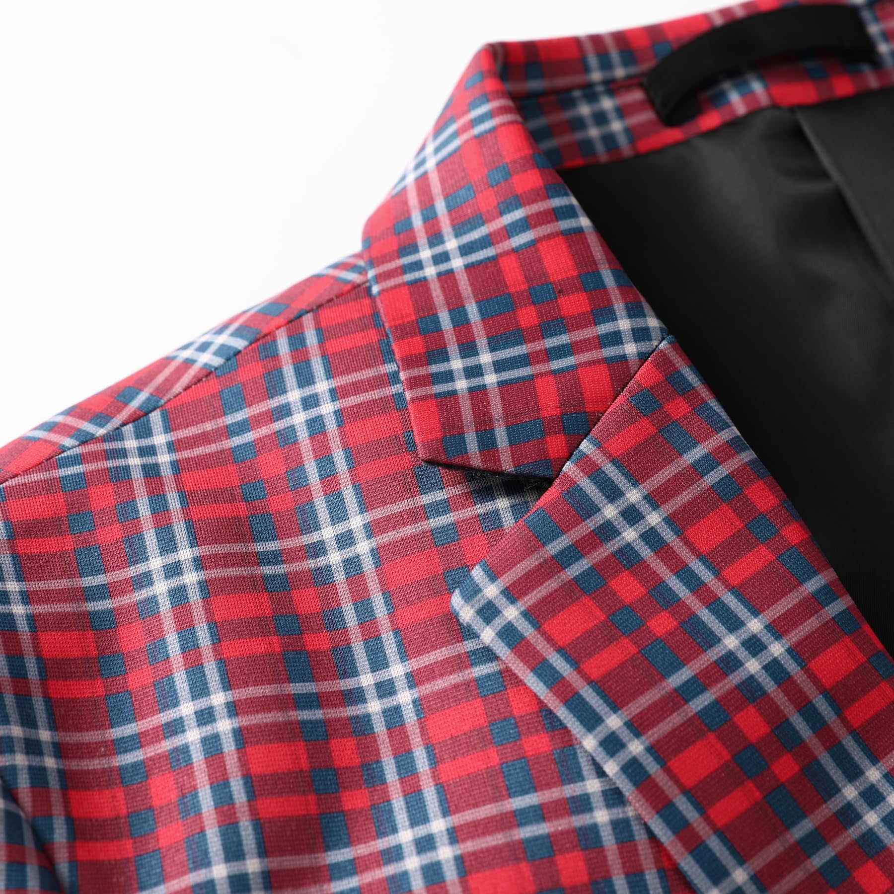 Red Grey # Men's slim fit 3-piece plaid checked suit, single-breasted two-button vintage blazer jacket with matching vest and trousers, red and grey checkered formal wear set for wedding, business, prom, party and daily office wear, isolated on white background.