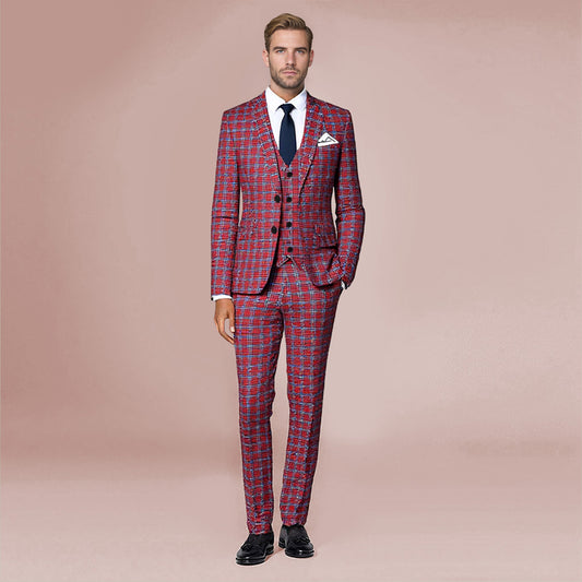 Red Grey # Men's slim fit 3-piece plaid checked suit, single-breasted two-button vintage blazer jacket with matching vest and trousers, red and grey checkered formal wear set for wedding, business, prom, party and daily office wear, isolated on white background.