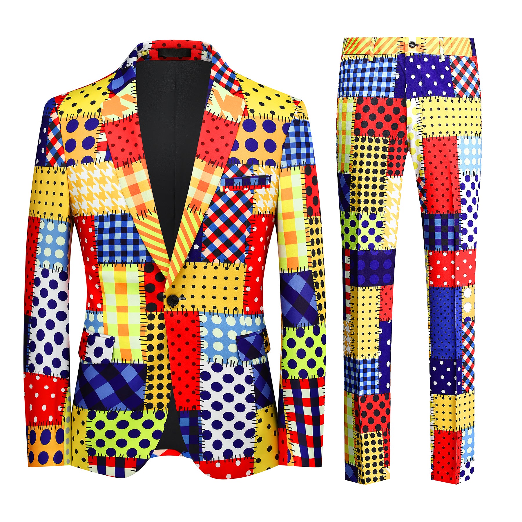 Colorful # Men's 2-piece colorful plaid festival celebration suit with notch lapel and single-button closure, vibrant printed clown-style blazer jacket with center back vent and matching trousers for party, carnival, clown costume and holiday events, isolated on white background.