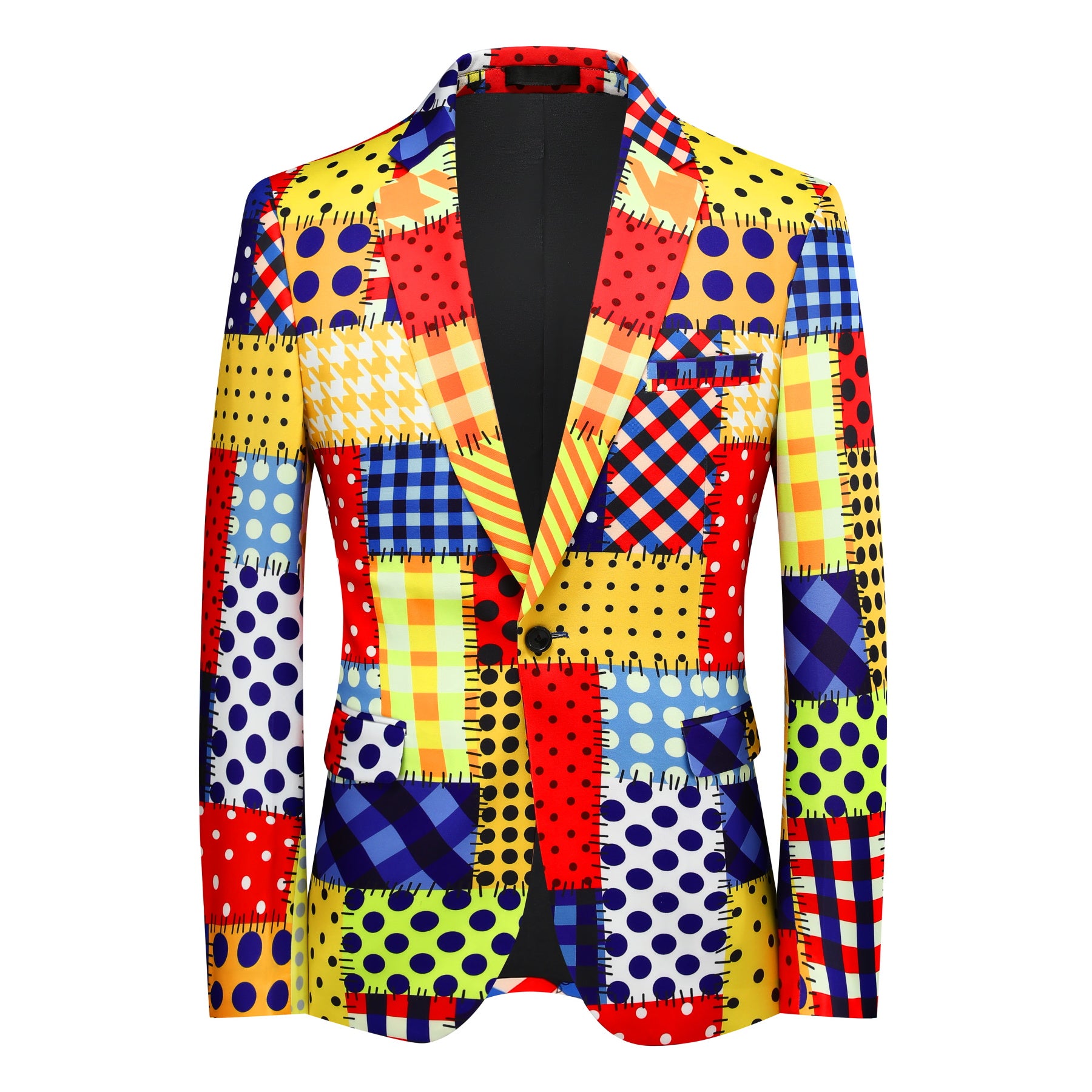 Colorful # Men's 2-piece colorful plaid festival celebration suit with notch lapel and single-button closure, vibrant printed clown-style blazer jacket with center back vent and matching trousers for party, carnival, clown costume and holiday events, isolated on white background.