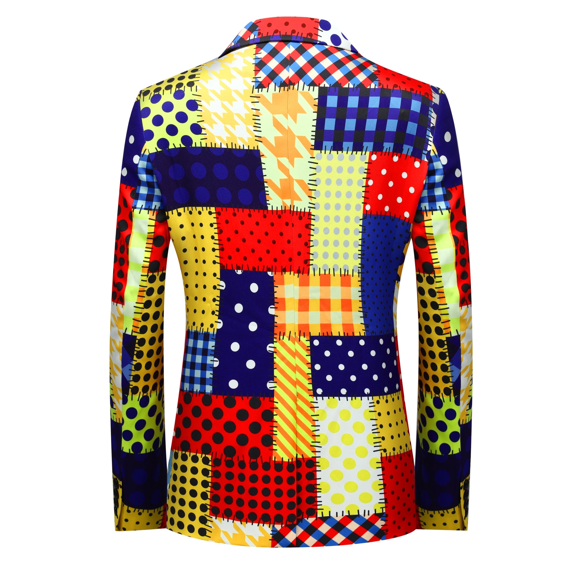 Colorful # Men's 2-piece colorful plaid festival celebration suit with notch lapel and single-button closure, vibrant printed clown-style blazer jacket with center back vent and matching trousers for party, carnival, clown costume and holiday events, isolated on white background.