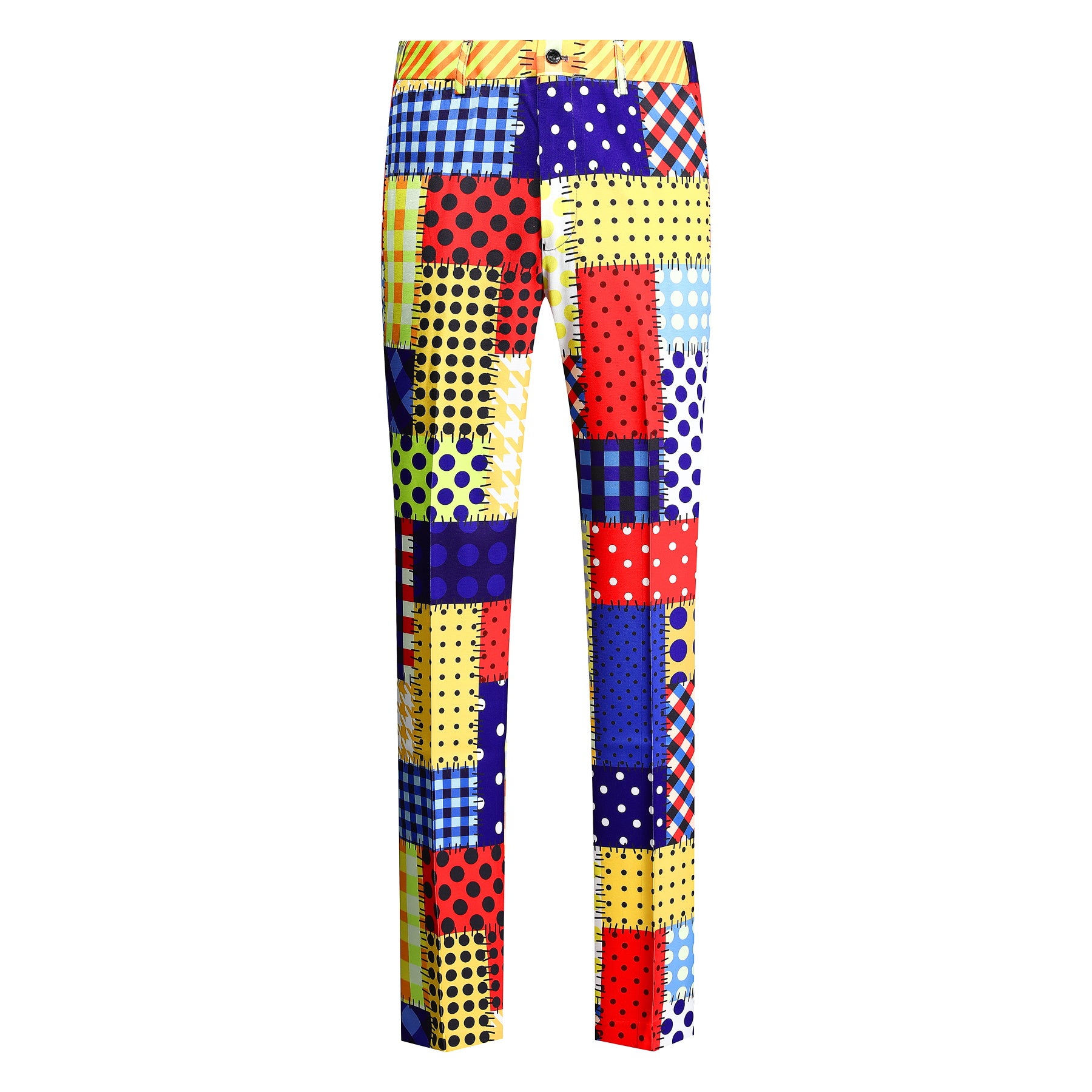 Colorful # Men's 2-piece colorful plaid festival celebration suit with notch lapel and single-button closure, vibrant printed clown-style blazer jacket with center back vent and matching trousers for party, carnival, clown costume and holiday events, isolated on white background.
