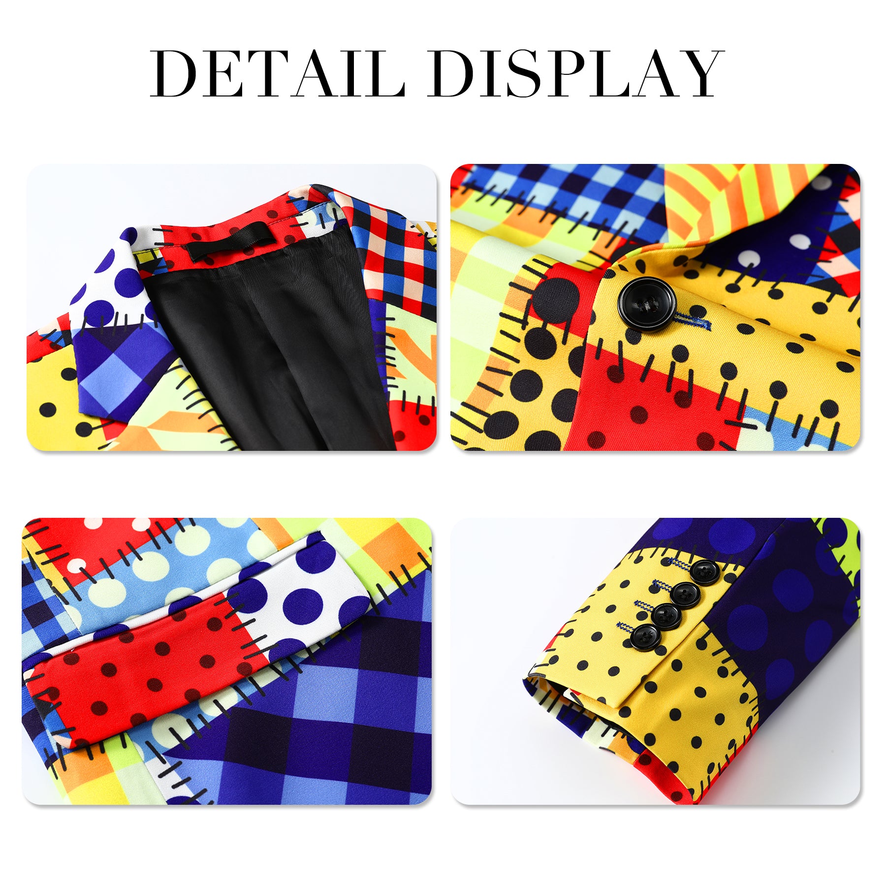 Colorful # Men's 2-piece colorful plaid festival celebration suit with notch lapel and single-button closure, vibrant printed clown-style blazer jacket with center back vent and matching trousers for party, carnival, clown costume and holiday events, isolated on white background.