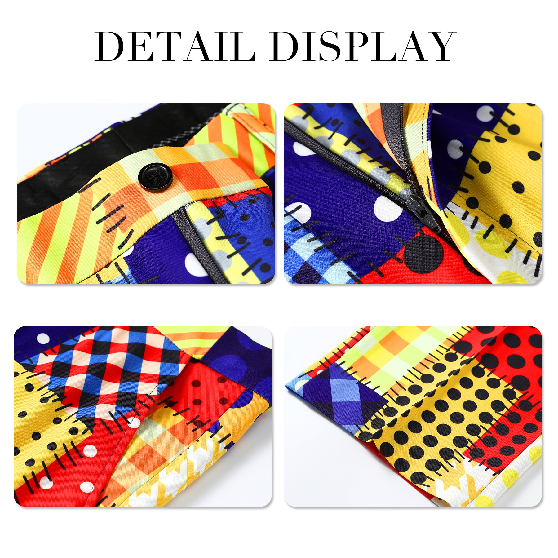 Colorful # Men's 2-piece colorful plaid festival celebration suit with notch lapel and single-button closure, vibrant printed clown-style blazer jacket with center back vent and matching trousers for party, carnival, clown costume and holiday events, isolated on white background.