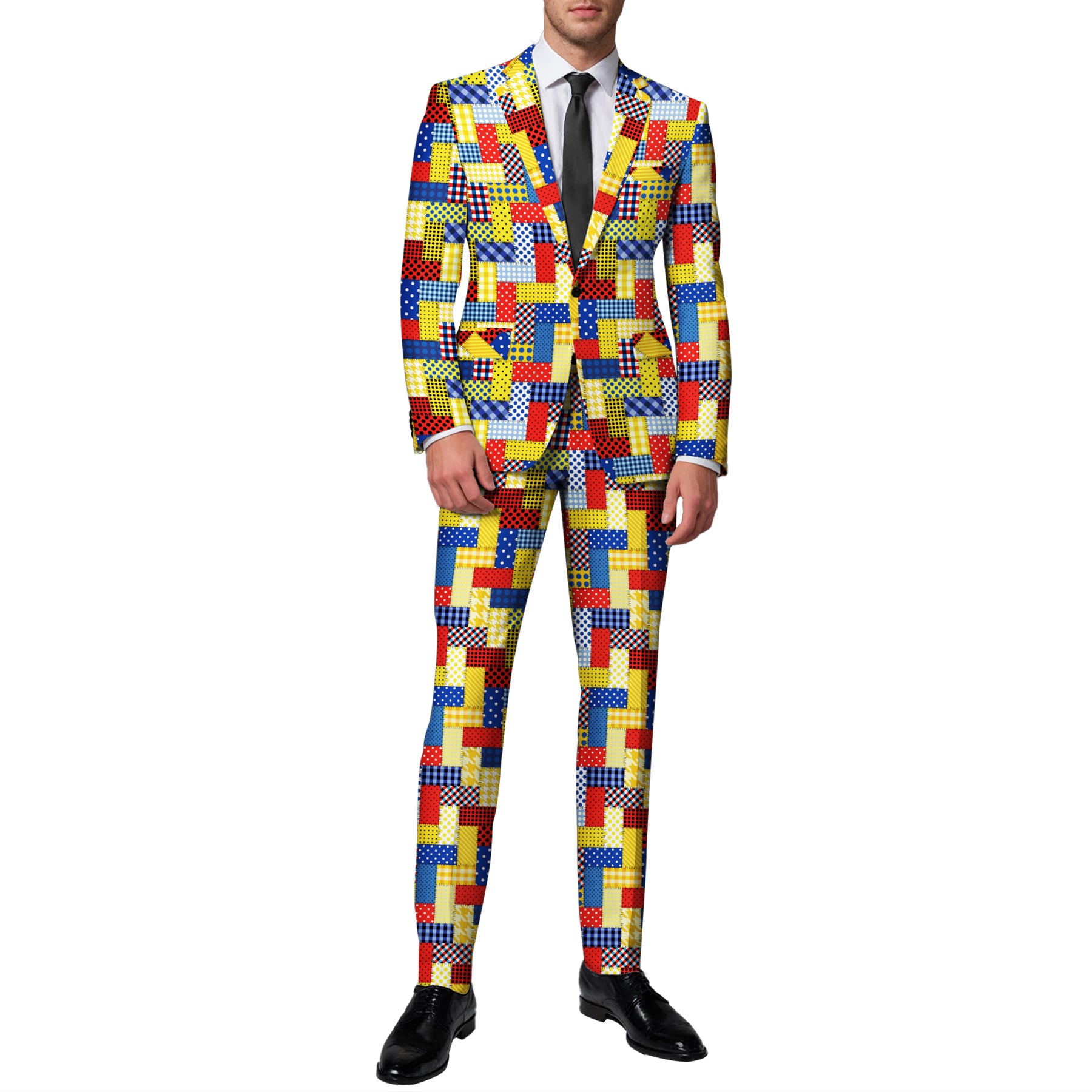 Colorful # Men's 2-piece colorful plaid festival celebration suit with notch lapel and single-button closure, vibrant printed clown-style blazer jacket with center back vent and matching trousers for party, carnival, clown costume and holiday events, isolated on white background.