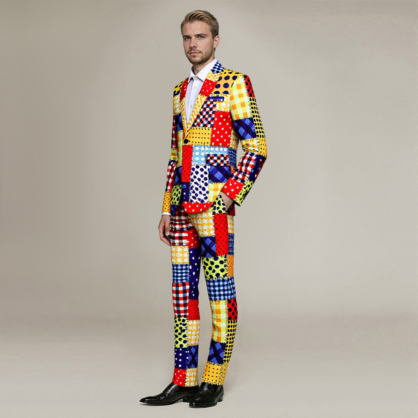 Colorful # Men's 2-piece colorful plaid festival celebration suit with notch lapel and single-button closure, vibrant printed clown-style blazer jacket with center back vent and matching trousers for party, carnival, clown costume and holiday events, isolated on white background.