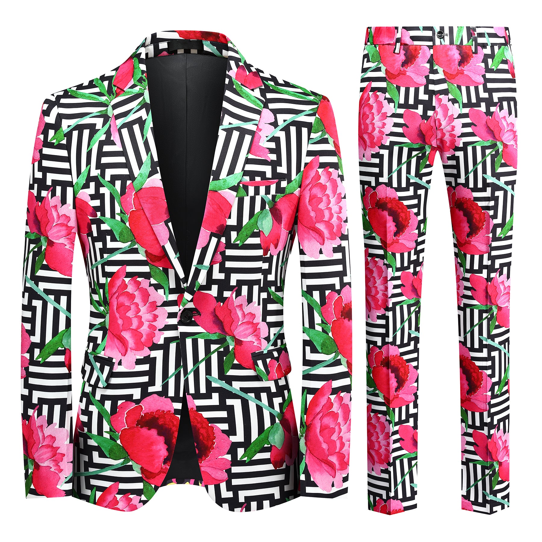 Multi-color # Men's 2-piece tree peony printed festive suit with notch lapel and single-button closure, colorful floral blazer jacket with center back vent and matching trousers for party, wedding and holiday celebrations, isolated on white background.