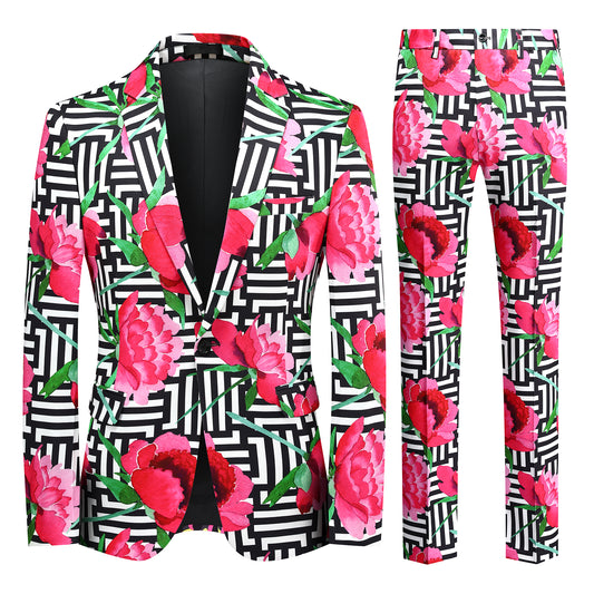 Multi-color # Men's 2-piece tree peony printed festive suit with notch lapel and single-button closure, colorful floral blazer jacket with center back vent and matching trousers for party, wedding and holiday celebrations, isolated on white background.